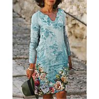 Women's Shift Dress Knee Length Dress Blue Long Sleeve Floral Patchwork Print Fall V Neck Boho 2021 S M L XL XXL 3XL Lightinthebox - thumbnail