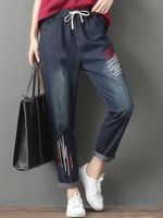 Casual Embroidery Elastic Waist Denim Pants