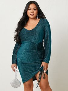 YOINS Plus Size Scoop Neck Glitter Long Sleeves Drawstring Dress
