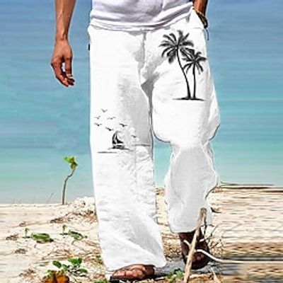 Men's Trousers Summer Pants Beach Pants Drawstring Elastic Waist 3D Print Coconut Tree Graphic Prints Comfort Casual Daily Holiday Streetwear Hawaiian White Brown Lightinthebox