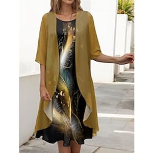 Women's Two Piece Dress Set Casual Dress Chiffon Dress Outdoor Holiday Fashion Modern Print Midi Dress Crew Neck Half Sleeve Graphic Loose Fit Red Blue Green Spring S M L XL XXL Lightinthebox
