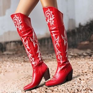 Women's Boots Cowboy Boots Party Over The Knee Boots Embroidery Chunky Heel Pointed Toe Bohemia PU Zipper Embroidered Pink Red Brown miniinthebox