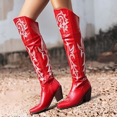 Women's Boots Cowboy Boots Party Over The Knee Boots Embroidery Chunky Heel Pointed Toe Bohemia PU Zipper Embroidered Pink Red Brown Lightinthebox