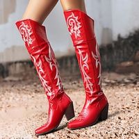 Women's Boots Cowboy Boots Party Over The Knee Boots Embroidery Chunky Heel Pointed Toe Bohemia PU Zipper Embroidered Pink Red Brown miniinthebox - thumbnail