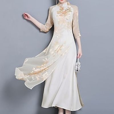 Women's Casual Dress Swing Dress White Dress Long Dress Maxi Dress Green Beige 34 Length Sleeve Floral Layered Winter Fall Autumn Stand Collar Chinoiserie M L XL XXL 3XL Lightinthebox