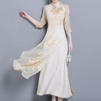 Women's Casual Dress Swing Dress White Dress Long Dress Maxi Dress Green Beige 34 Length Sleeve Floral Layered Winter Fall Autumn Stand Collar Chinoiserie M L XL XXL 3XL Lightinthebox - thumbnail