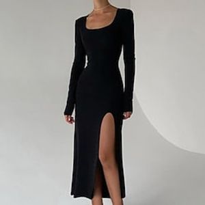 Women's Sheath Dress Black Dress Midi Dress Black Long Sleeve Pure Color Split Fall Winter Square Neck Elegant Mature 2022 S M L miniinthebox