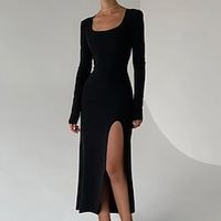 Women's Sheath Dress Black Dress Midi Dress Black Long Sleeve Pure Color Split Fall Winter Square Neck Elegant Mature 2022 S M L miniinthebox - thumbnail