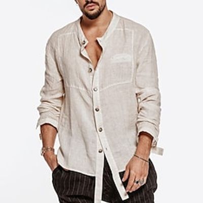 Men's Shirt Solid Color Stand Collar Street Casual Button-Down Long Sleeve Tops Casual Fashion Breathable Comfortable White Lightinthebox