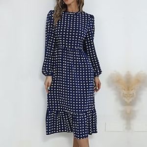 Women's A Line Dress Midi Dress Green Black Royal Blue Red Long Sleeve Polka Dot Ruffle Print Fall Winter Stand Collar Fashion Vintage 2022 S M L XL miniinthebox