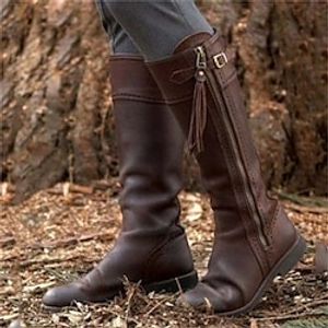 Women's Boots Motorcycle Boots Plus Size Work Boots Outdoor Daily Knee High Boots Buckle Zipper Flat Heel Round Toe Vintage Casual Comfort Faux Leather Zipper Solid Color Cut-out Black Brown Lightinthebox