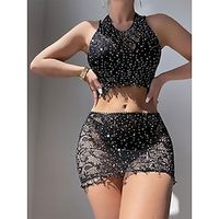 Women's Swimwear Tankini 2 Piece Normal Swimsuit Lace 2 Piece Glitter Solid Color Black Bathing Suits Sports Summer Lightinthebox - thumbnail