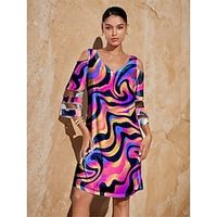 Women's Casual Dress Slip Dress Geometric Color Block Print Mesh V Neck Mini Dress Streetwear Street Holiday Long Sleeve Loose Fit Purple Summer Spring S M L XL XXL Lightinthebox - thumbnail
