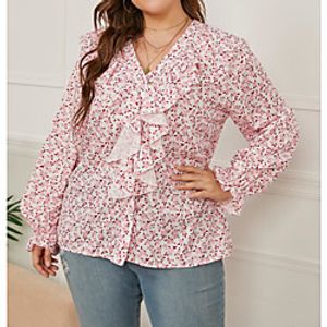 Women's Plus Size Tops Blouse Shirt Floral Ruffle Print Long Sleeve V Neck Basic Fall Blushing Pink Big Size L XL XXL 3XL 4XL miniinthebox