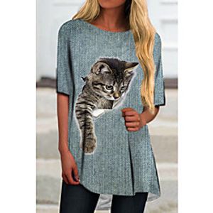 Women's T Shirt Dress Tee Dress Short Mini Dress Blue Light Blue Half Sleeve Cat Animal Print Spring Summer Round Neck Casual 2021 S M L XL XXL 3XL Lightinthebox