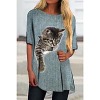 Women's T Shirt Dress Tee Dress Short Mini Dress Blue Light Blue Half Sleeve Cat Animal Print Spring Summer Round Neck Casual 2021 S M L XL XXL 3XL Lightinthebox - thumbnail