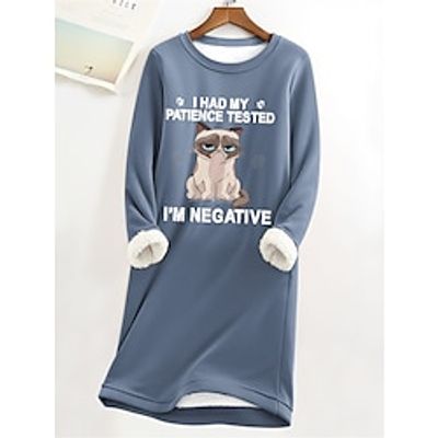 Women's Sweatshirt Dress Casual Dress Mini Dress Teddy Fleece Warm Outdoor Vacation Going out Crew Neck Print Cat Letter Loose Fit Blue S M L XL XXL Lightinthebox