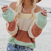 Women's Pullover Sweater Knitted Striped Color Block Stylish Casual Long Sleeve Sweater Cardigans Boat Neck Fall Winter Camel Khaki miniinthebox - thumbnail