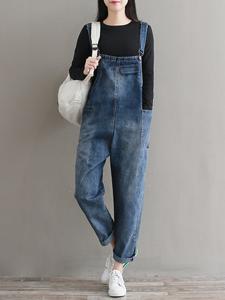 Pure Color Denim Pocket Strap Jumpsuit