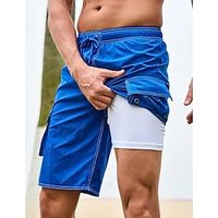 Men's Board Shorts Swim Shorts Sports Summer Beach Swimming Breathable Quick Dry Running Casual Drawstring Elastic Waist Flap Pocket Plain Knee Length Gymnatics Activewear Lake blue Black Lightinthebox - thumbnail