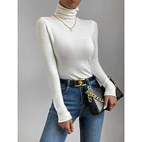 Women's Shirt Blouse White Plain Crochet Long Sleeve Casual Basic High Neck Regular S Lightinthebox - thumbnail