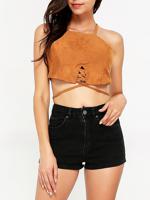 Sexy Women Suede Fabric Spaghetti Strap Crop Tops