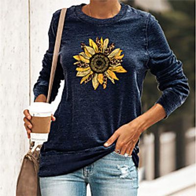 Women's T shirt Floral Leopard Sunflower Print Round Neck Basic Tops Green Blue Black Lightinthebox