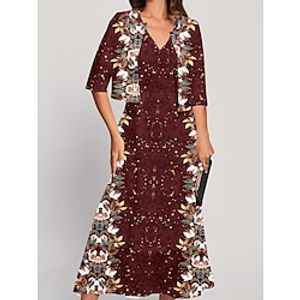 Women's Two Piece Dress Set Casual Dress Chiffon Dress Outdoor Holiday Fashion Streetwear Print Midi Dress V Neck Half Sleeve Floral Regular Fit Wine Navy Blue Dark Green Spring S M L XL XXL Lightinthebox