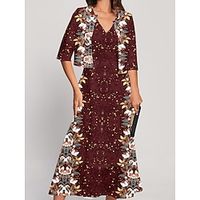 Women's Two Piece Dress Set Casual Dress Chiffon Dress Outdoor Holiday Fashion Streetwear Print Midi Dress V Neck Half Sleeve Floral Regular Fit Wine Navy Blue Dark Green Spring S M L XL XXL Lightinthebox - thumbnail