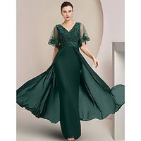 Sheath  Column Mother of the Bride Dress Formal Wedding Guest Elegant V Neck Floor Length Chiffon Lace Tulle Short Sleeve with Sequin Appliques 2023 Lightinthebox - thumbnail