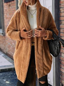 Loose Casual Solid Color Plush Buttonless Lapel Long Sleeve Coat