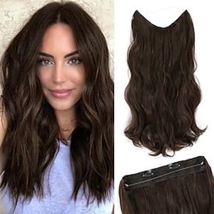 Dark Brown Invisible Wire Hair Extensions with Transparent Headband 4.4 Oz Stress-Free Adjustable Size 2 Secure Clips Synthetic Long Clip in Wave Curly Secret Hairpiece for Women 20 Inch miniinthebox