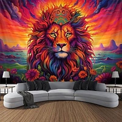 Great Lion Blacklight Tapestry UV Reactive Glow in the Dark Trippy Psychedelic Misty Nature Landscape Hanging Tapestry Wall Art Mural for Living Room Bedroom Lightinthebox