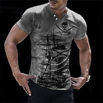 Men's T shirt Tee Graphic Ship Pirate V Neck Clothing Apparel 3D Print Daily Sports Short Sleeve Button Print Fashion Designer Casual Lightinthebox