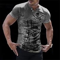 Men's T shirt Tee Graphic Ship Pirate V Neck Clothing Apparel 3D Print Daily Sports Short Sleeve Button Print Fashion Designer Casual Lightinthebox - thumbnail