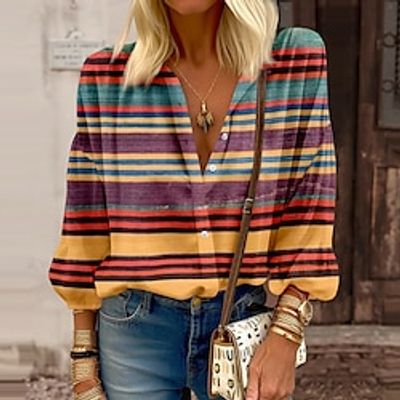 Women's Blouse Yellow Pink Blue Striped Button Print Long Sleeve Casual Holiday Fashion Standing Collar Regular Fit Spring   Fall Lightinthebox