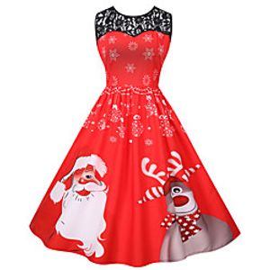 Women's A Line Dress Knee Length Dress Blue Green Black Red Sleeveless Print Lace Print Fall Winter Round Neck Casual Vintage Christmas 2021 S M L XL XXL miniinthebox