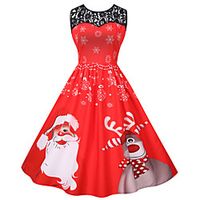 Women's A Line Dress Knee Length Dress Blue Green Black Red Sleeveless Print Lace Print Fall Winter Round Neck Casual Vintage Christmas 2021 S M L XL XXL miniinthebox - thumbnail