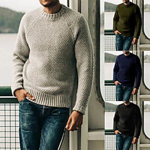 Men's Unisex Pullover Knitted Solid Color Vintage Style Chunky Long Sleeve Sweater Cardigans Crew Neck Fall Winter Army Green White Light gray miniinthebox