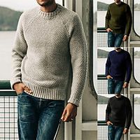 Men's Unisex Pullover Knitted Solid Color Vintage Style Chunky Long Sleeve Sweater Cardigans Crew Neck Fall Winter Army Green White Light gray miniinthebox - thumbnail