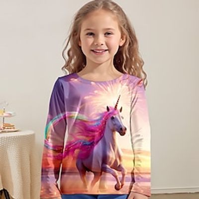 Girls' 3D Unicorn Tee Shirt Pink Long Sleeve 3D Print Spring Fall Active Fashion Cute Polyester Kids 3-12 Years Crew Neck Outdoor Casual Daily Regular Fit miniinthebox