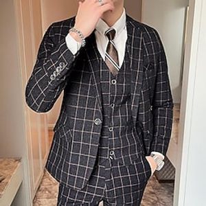 Blue Gray Burgundy Men's Business  Ceremony  Wedding Suits 3 pcs Checkered Slim Fit Single Breasted One-button 2022 Lightinthebox