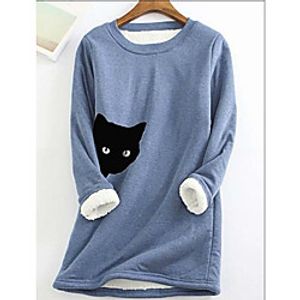 Women's Plus Size Tops Hoodie Cat Print Long Sleeve Round Neck Active Basic Fall Winter Blue Yellow Blushing Pink Big Size L XL XXL XXXL 4XL / Cotton miniinthebox