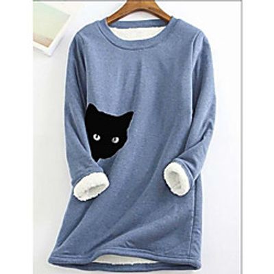 Women's Plus Size Tops Hoodie Cat Print Long Sleeve Round Neck Active Basic Fall Winter Blue Yellow Blushing Pink Big Size L XL XXL XXXL 4XL / Cotton miniinthebox