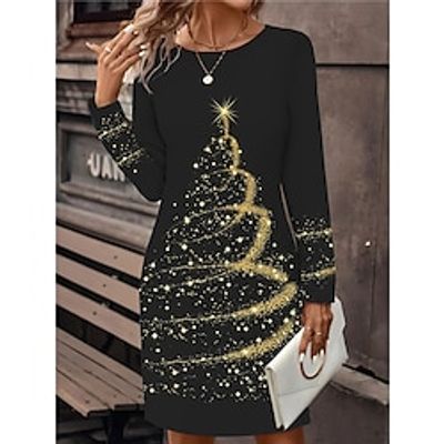 Women's Christmas Dress Winter Dress Christmas Tree Print Crew Neck Mini Dress Fashion Streetwear Outdoor Christmas Long Sleeve Loose Fit Light Yellow Black Yellow Fall Winter S M L XL XXL miniinthebox