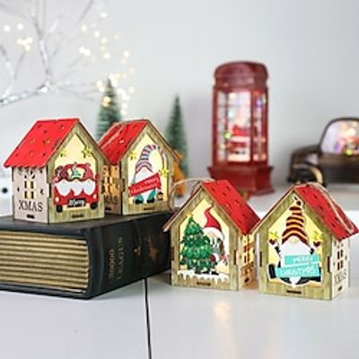 Christmas Tree Decoration Luminous Cabin Small House Christmas Wooden Ornaments Luminous Wooden House Pendant 1pc Lightinthebox