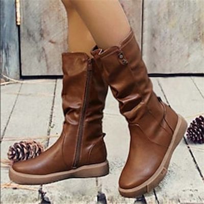 Women's Boots Plus Size Work Boots Vintage Shoes Outdoor Daily Mid Calf Boots Rivet Flat Heel Round Toe Vintage Casual Comfort Faux Leather Zipper Solid Color Black Brown Lightinthebox
