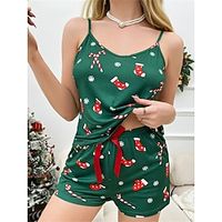 Women's Christmas Pajama Sets Snowflake Fashion Comfort Soft Home Daily Polyester Breathable Straps Sleeveless Strap Top Shorts Elastic Waist Summer Spring Green Lightinthebox - thumbnail