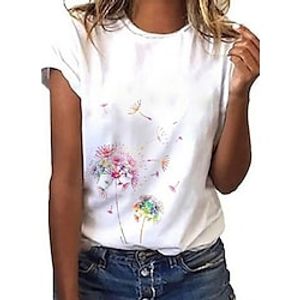 Women's T shirt Tee White Graphic Dandelion Print Short Sleeve Going out Weekend Basic Round Neck Regular Floral Dandelion Painting S  3D Print Lightinthebox