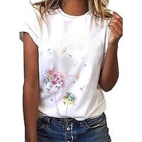 Women's T shirt Tee White Graphic Dandelion Print Short Sleeve Going out Weekend Basic Round Neck Regular Floral Dandelion Painting S  3D Print Lightinthebox - thumbnail